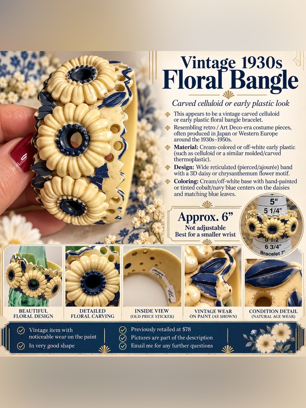 Vintage 1930s Floral Celluloid-Style Bangle Bracelet – Cream & Cobalt Blue